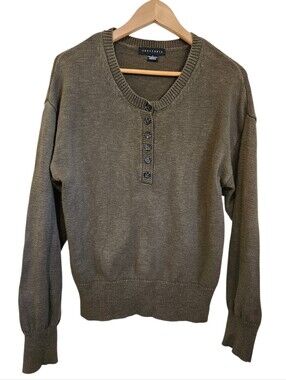 Sanctuary Partial Button Crew Neck Long Sleeve Cotton Sweater Army Green Sz LG